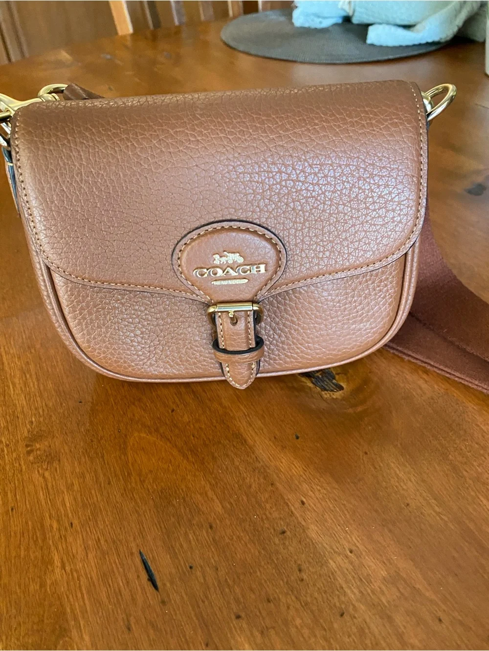 Coach Pebbled Leather Crossbody in Camel Brown with Gold Hardware